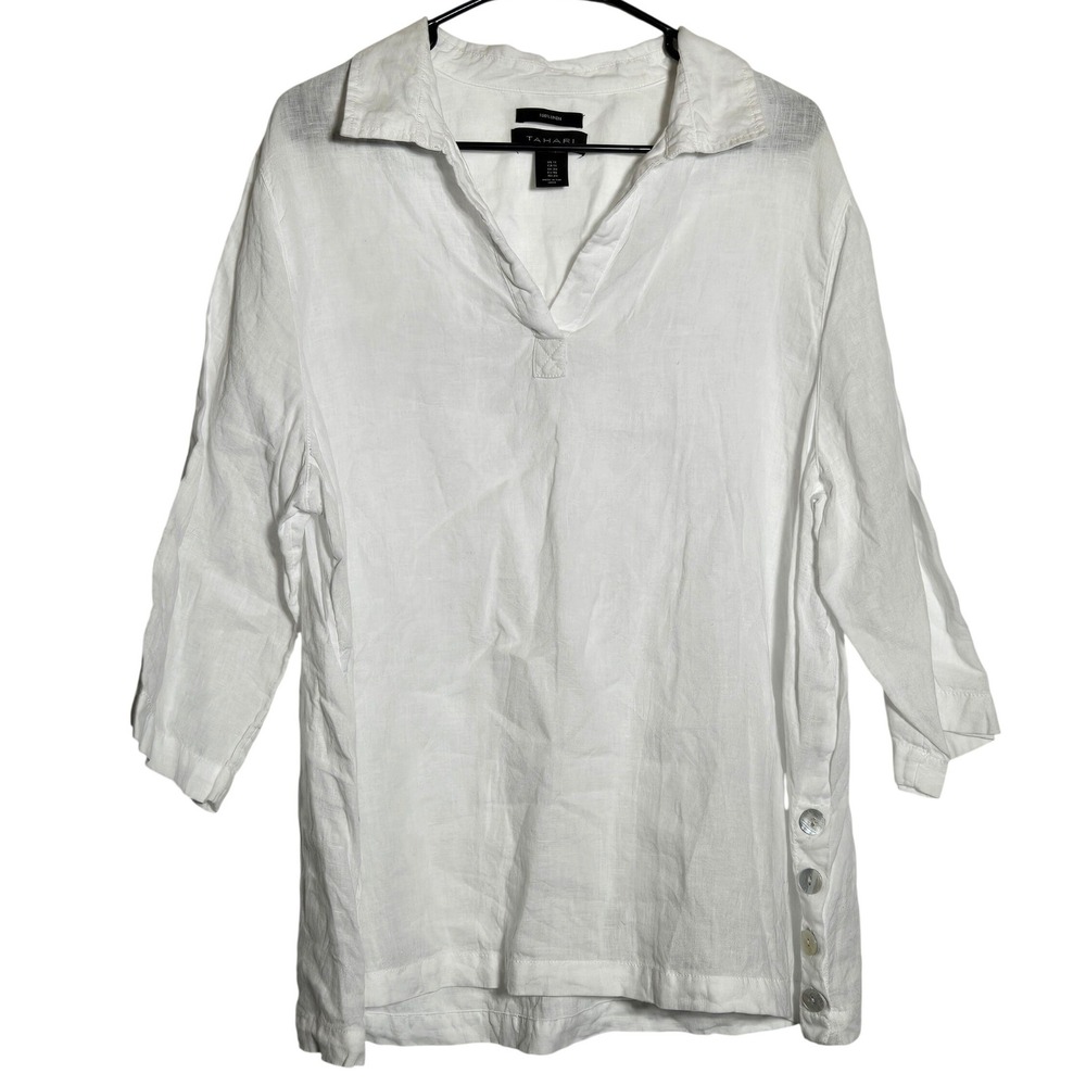 Tahari White 100% Linen Tunic Top Plus 1X V-Neck Coastal Minimalist Lagenlook